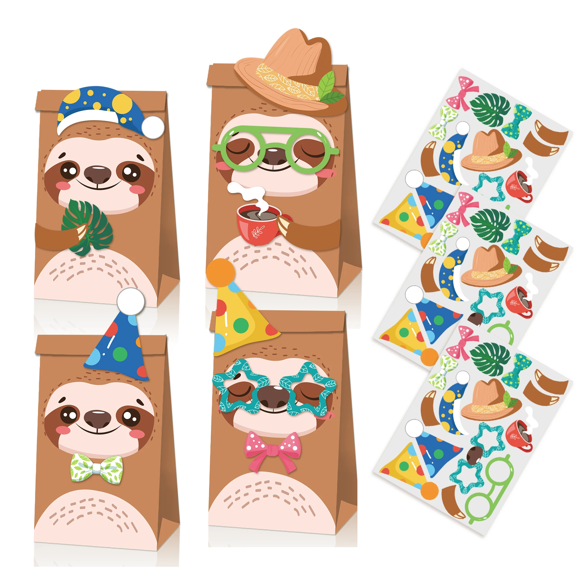

KZ022 12sets Cartoon Jungle Anime Sloth Birthday Wild ONE Party Kraft Paper Candy Packing Gift Bags with DIY Cards Stickers Kit