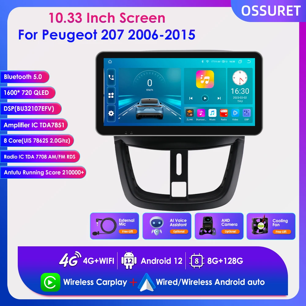 

Автомобильная интеллектуальная система для Peugeot 10,33 207CC 207-2015, радио, Android 12, 2din, мультимедийный плеер Navi Carplay, экран 2006 дюйма, стерео
