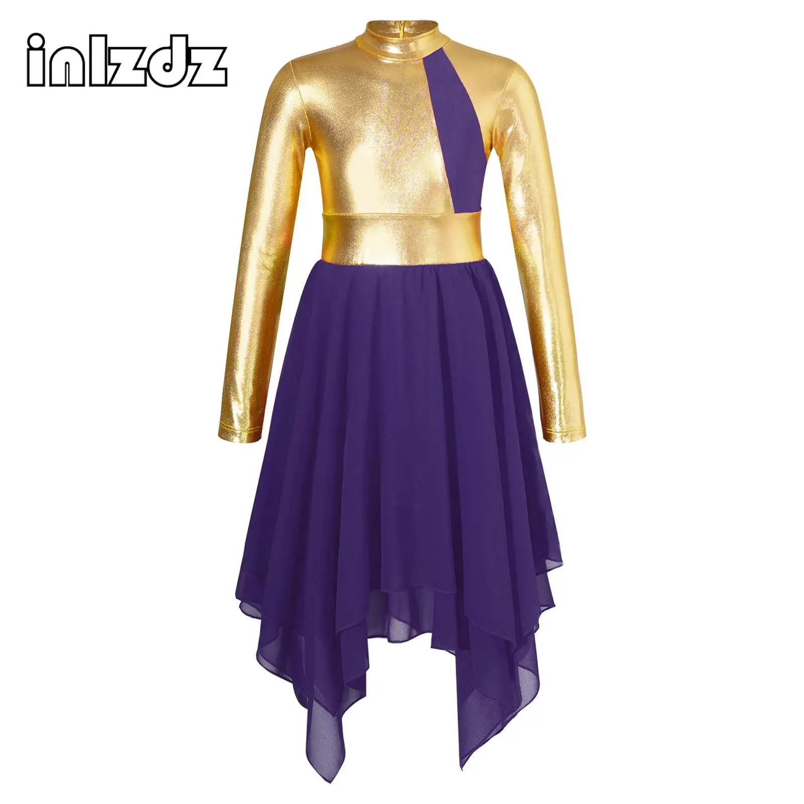

Kids Girls Long Sleeve Contemporary Lyrical Ballet Costumes Bronzing Cloth Irregular Hem Skirt Performance Dance Dress
