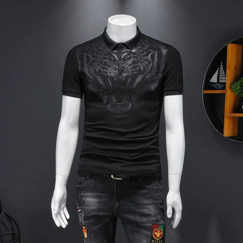 Camisa Polo Pearl Cotton Polo Shirt Lapel Tiger Print Polo Men Shirt Black Men Fashion Short Sleeved Polo Shirt Breathable Polo