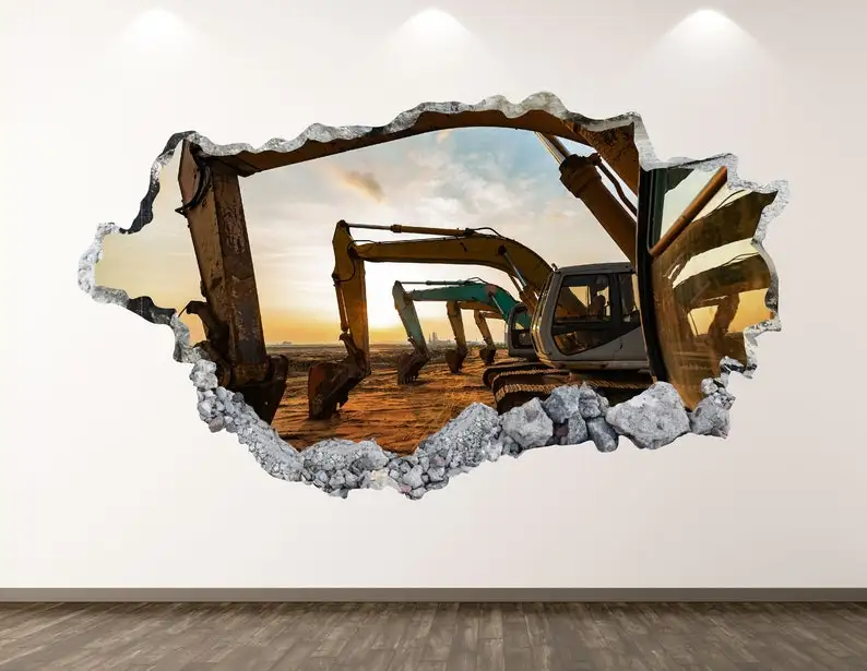

Digger Wall Decal - Construction 3D Smashed Wall Art Sticker Kids Room Decor Vinyl Home Poster Custom Gift KD196