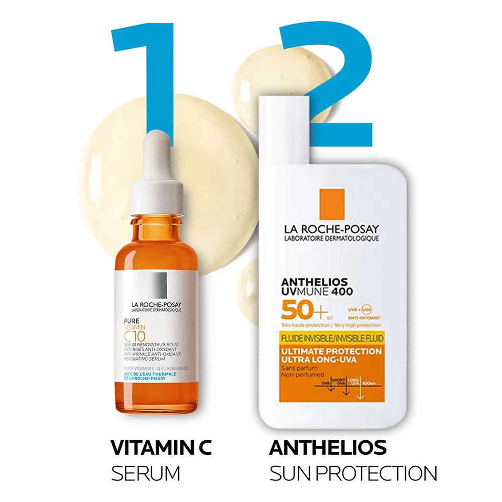 

2Pcs La Roche-Posay Anthelios UVMune 400 Invisible Fluid SPF50+ Sun Cream 50ml Pure Vitamin C10 Serum 30ml Repair Face Sunscreen