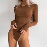 brown sexy bodysuits streetwear o neck long sleeve solid jumpsuits women fashion vintage basic skinny bodysuit romper outfits
