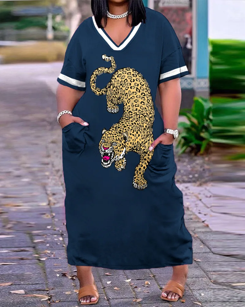 

Женское платье с коротким рукавом, леопардовым принтом и V-образным вырезом