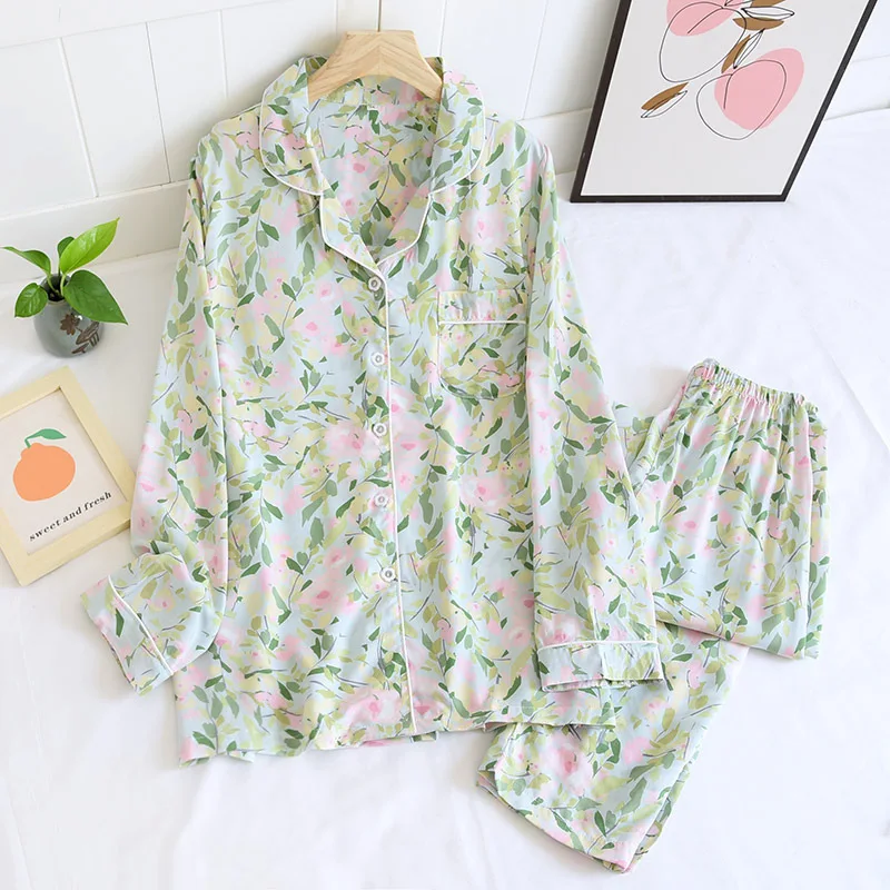 

New Ladies Cute Cartoon Floral Viscose Fiber Pajamas Two-piece Long-sleeved Home Service Summer Thin Sleepwear Pijama Mujer