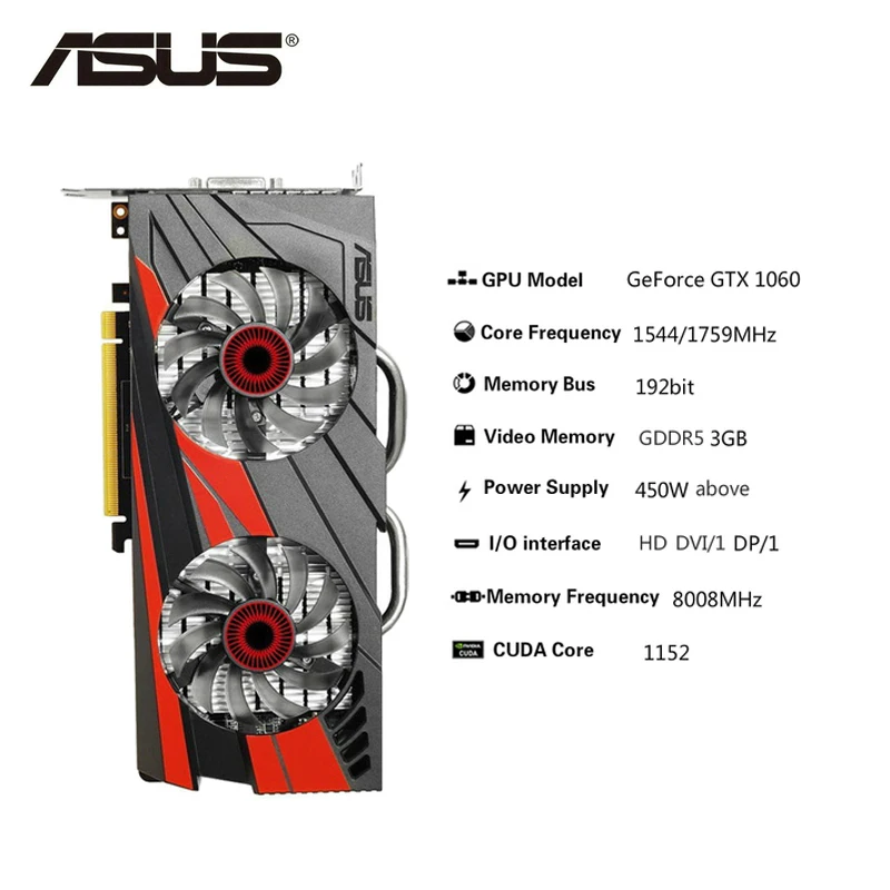 Б/у графическая карта ASUS GTX 1060 3 ГБ 192Bit GDDR5 видеокарты GTX1060 GPU |