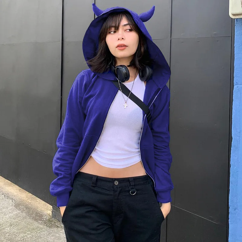 

Little Devil Hooded Sweater Jacket Women Autumn Top Zipper Hoodie Female Casual Black Hat Coat Sweatshirt Dark Style Streetwear
