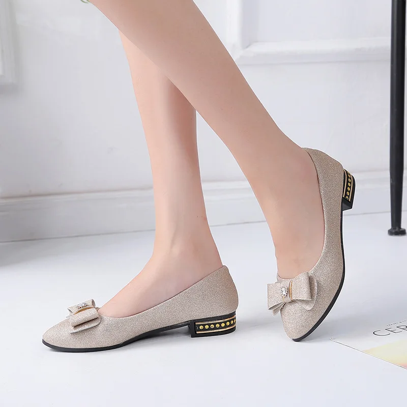 Office Loafer Shoes for Women 2022 Spring Sweet Bow Ladies Shoes Casual Sequined Cloth Woman Flats Low-heeled Women Work Shoes