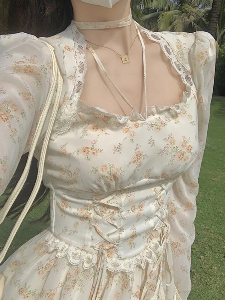 

Винтажное платье миди с длинным рукавом, Элегантное повседневное кружевное цельнокроеное платье, корейские милые цветочные платья макси д...