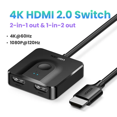 UGREEN HDMI переключатель 4K @ 60 Гц с 3,3 фута HDMI кабель, двунаправленный HDMI сплиттер 2 в 1 выход HDMI коммутатор коробка 2 в 1 выход UHD 3D HDR