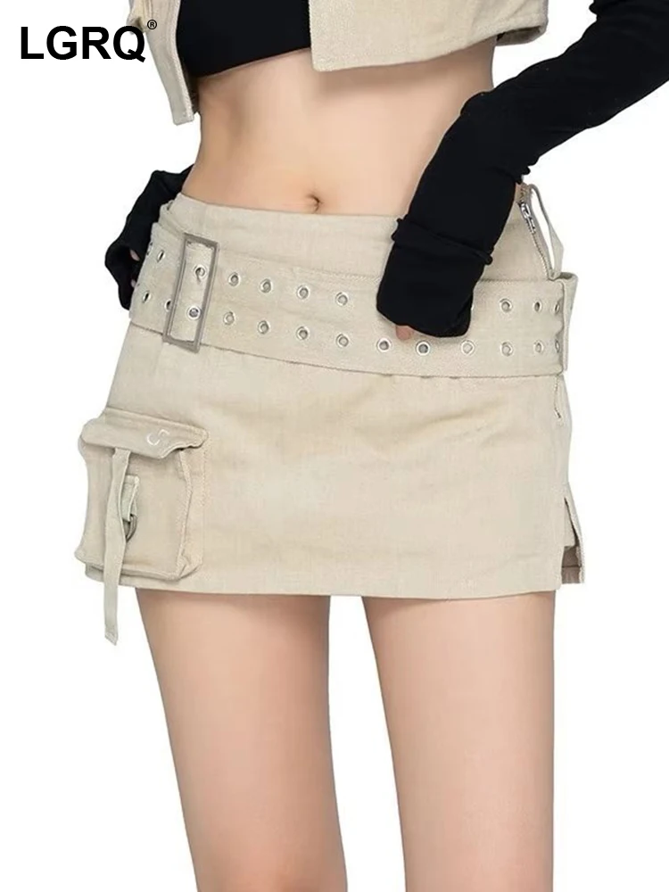 

LGRQ Fashion Women's Denim Skirt New Solid Color Patchwork Belt Big Pockets Mini A-line Skirts Female Tide Autumn 2023 19J2486