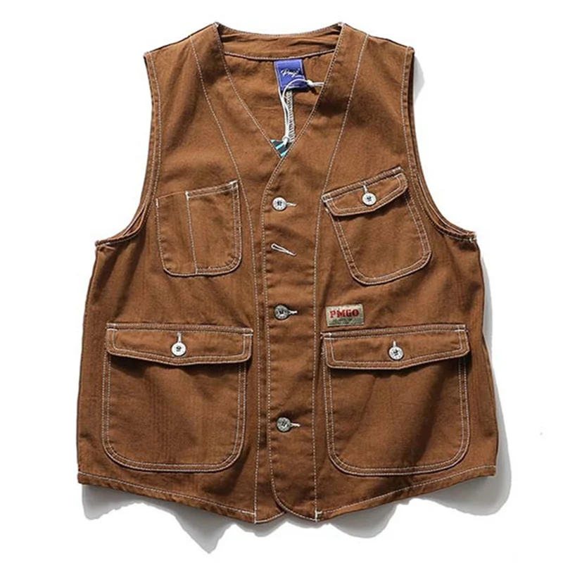 

Men Hip Hop Streetwear Denim Vest Vintage Solid Color Multi-pocket Japanese Vests Jacket 2022 Harajuku Casual Cargo Jackets