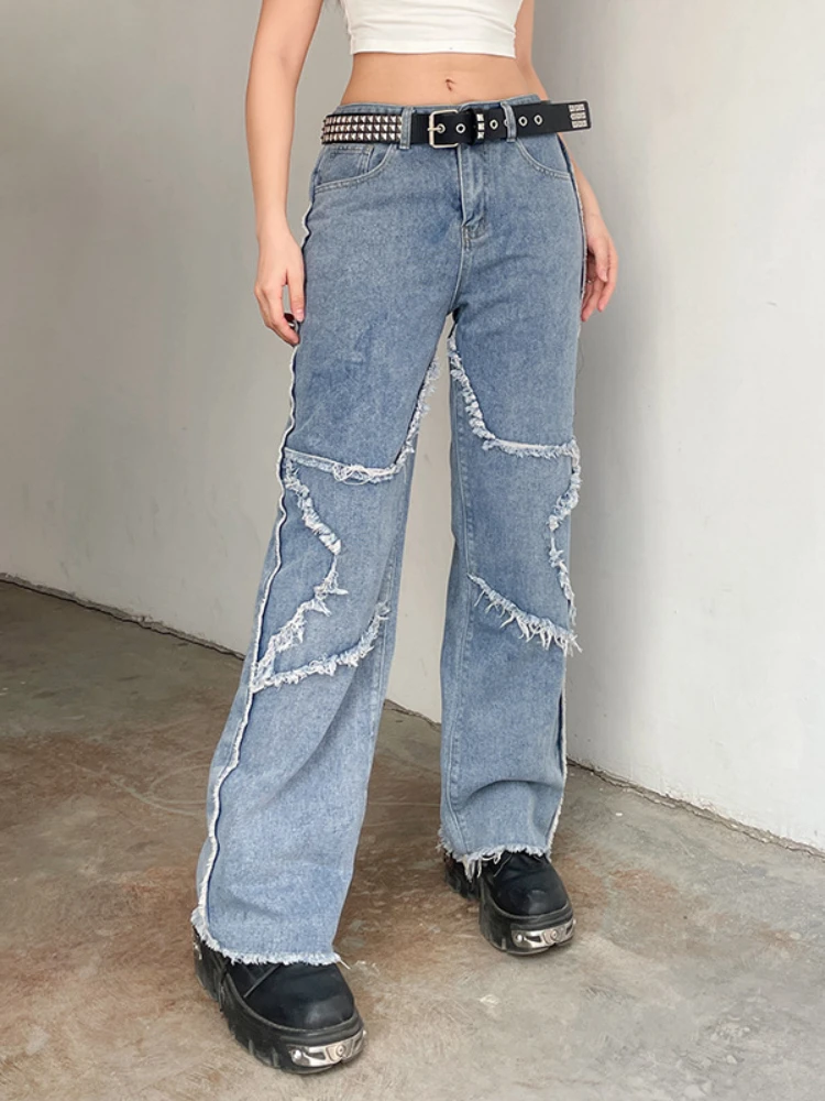 

WeiYao Vintage 90s Streetwear Symmetry Star Pattern Jeans For Women Raw Edge Aesthetic Denim Trousers Low Waist Straight Pants