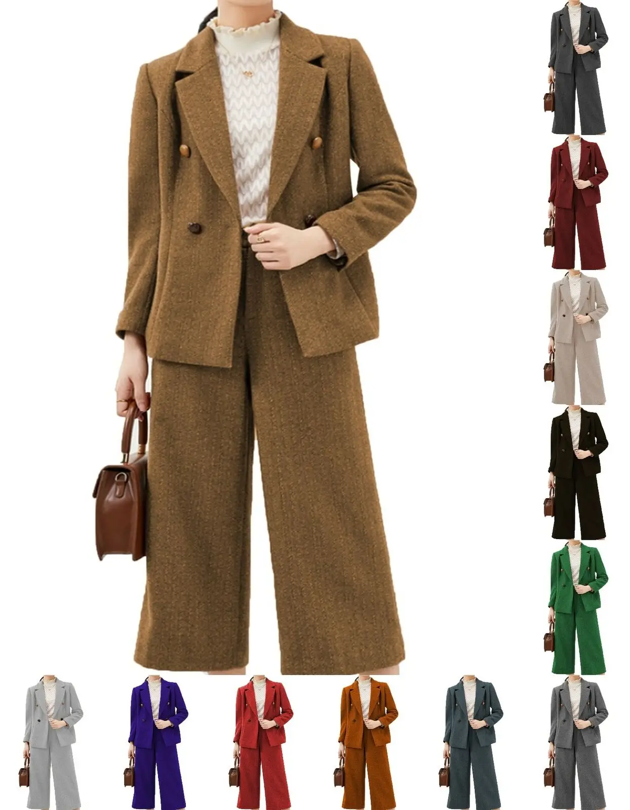 Women's Herringbone Tweed 2Pic Suit Pants Blazer Jacket Slim Coat Tuxedo Vintage Wool Business Work Outer Set