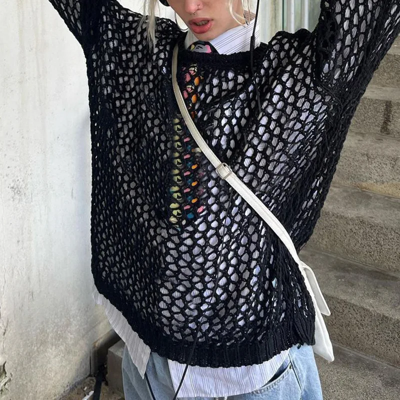 

Autumn Fashion Vintage Grunge Top Retro Reticulated See Through Smock Y2K Fashion Harajuku Knit Pullover Crewneck Hollow Sweater