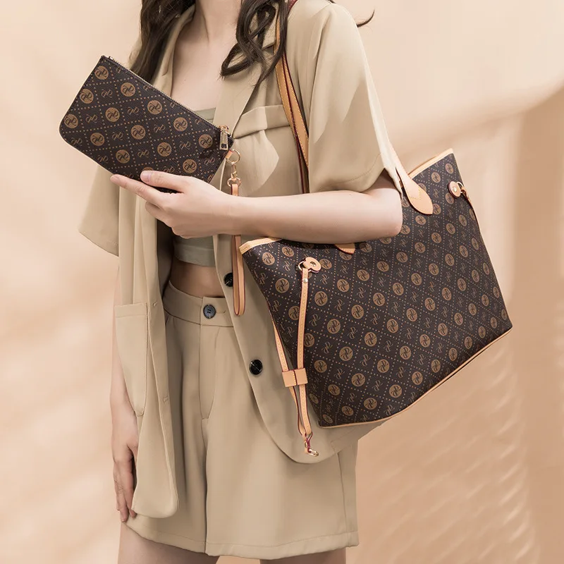 Luxury Flower Design PVC Leather Women's Composite Bag Large Capacity Coffee Female Diamond Lattice Floral Shopping Handbag