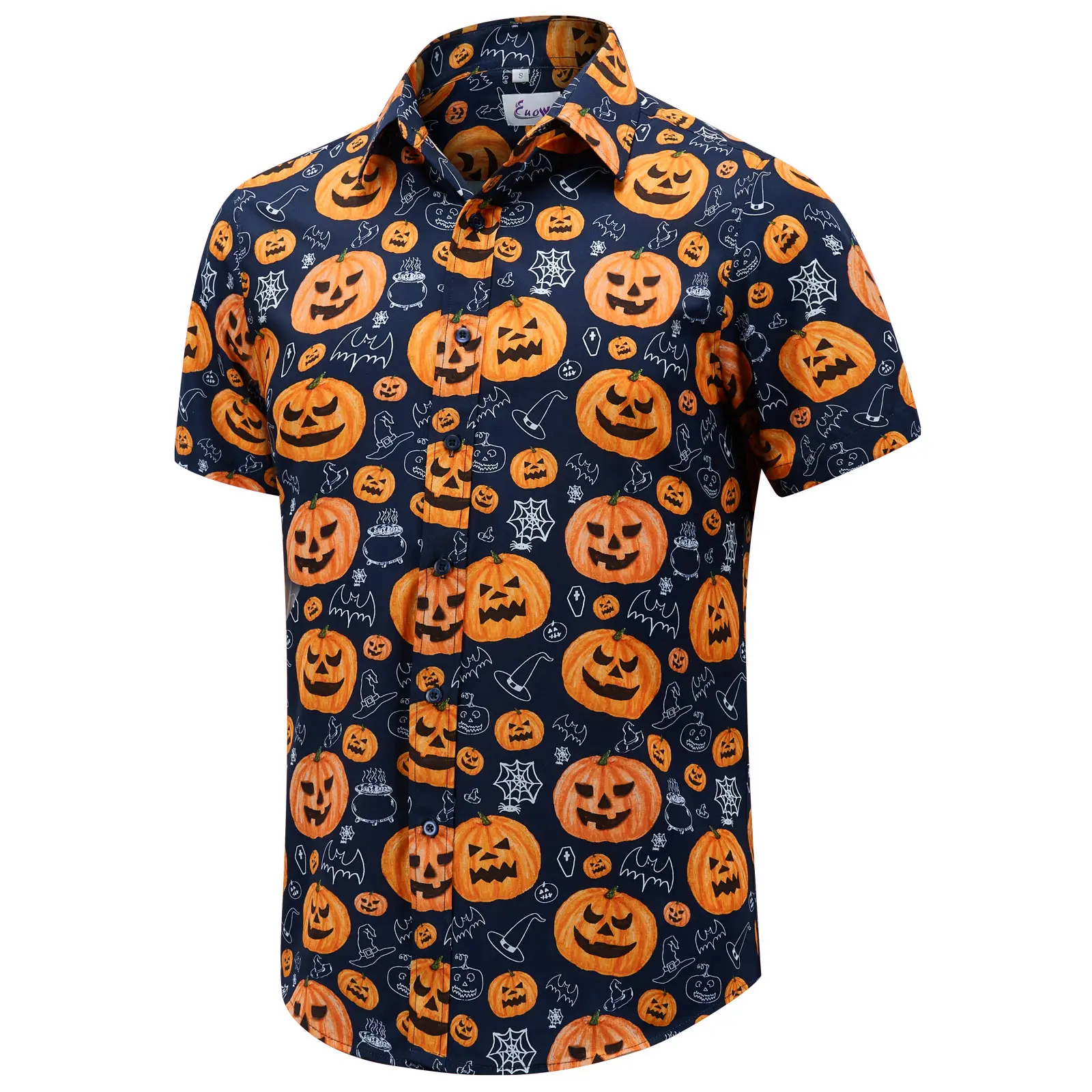 EUOW 2022 Mens Halloween Shirt Fun Pumpkins Short Sleeve Button Down Hawaiian Dress Shirts Luxury Casual Clothing Streetwear