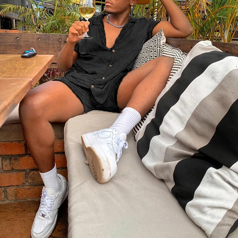 Streetwear Men Loose Beach Suits 2023 Summer Short Sleeve Lapel Button Shirts Top Solid Color Mens Shorts Outfits Two Piece Set