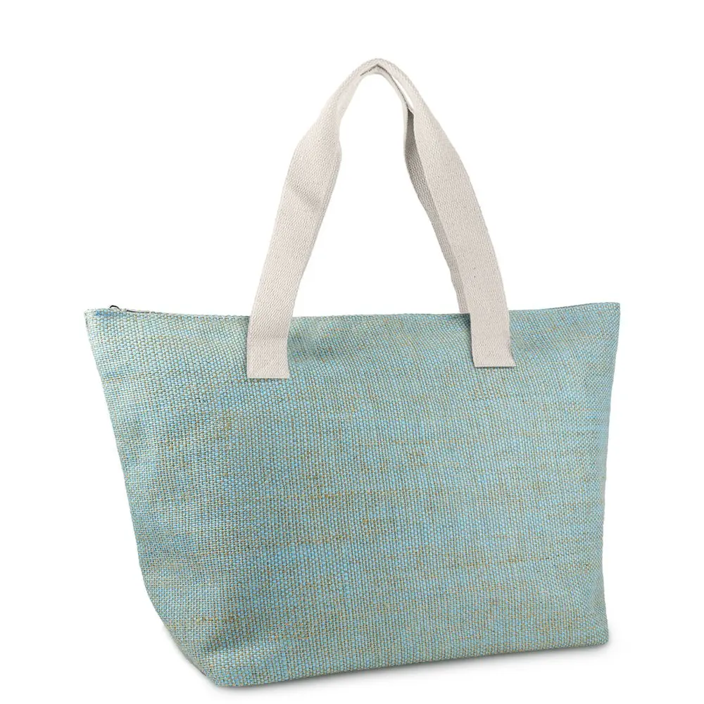 Women`s Insulated Turquoise Straw Beach tote Bag with Double Flat Handles