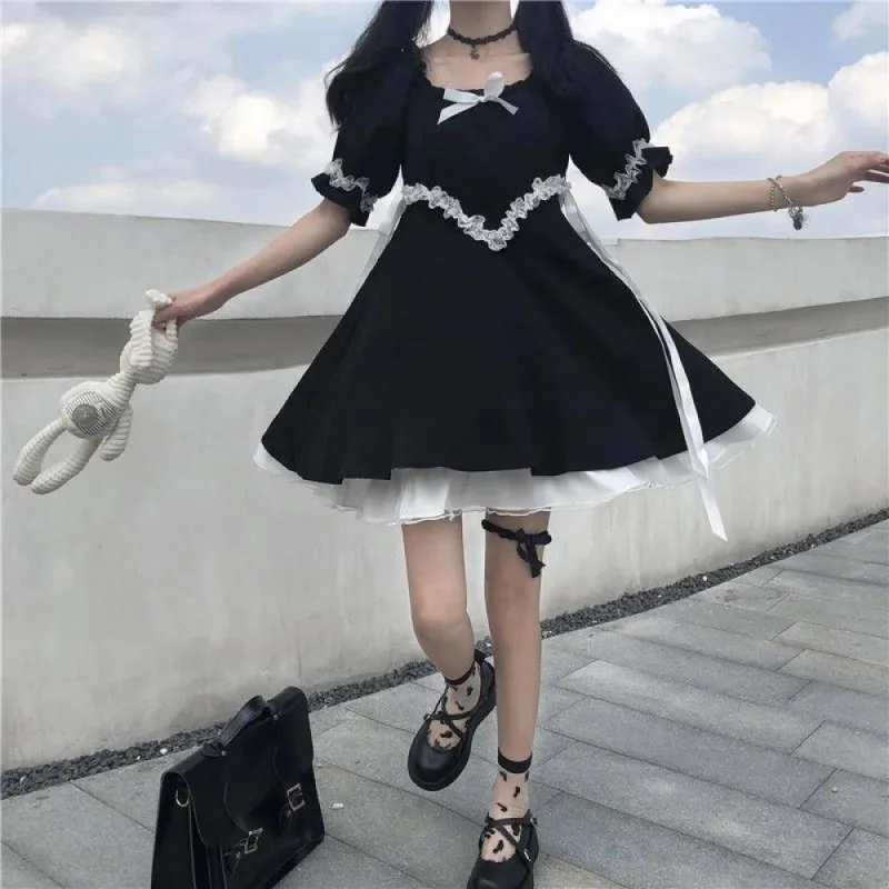 

Dark Vintage Lolita Little Black Dress Lace Strap Dress Women's JK High Waist Mini Dress Summer Dress