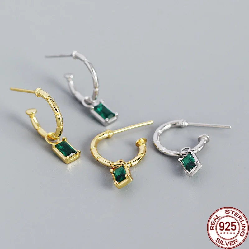 

E0434 Niche Advanced Design S925 Silver Hoop Earrings Emerald Zircon C-shaped Female Jewelry