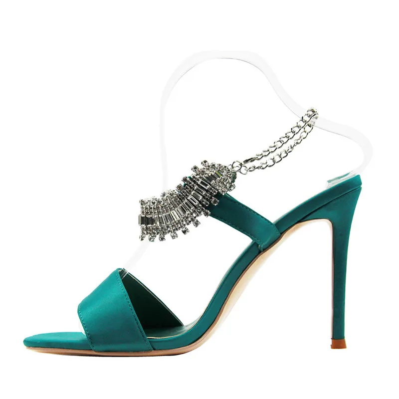 

Босоножки женские атласные с цепочкой, роскошные сандалии с декоративными стразами, на квадратном каблуке, модная обувь для свадьбы, синие, на лето