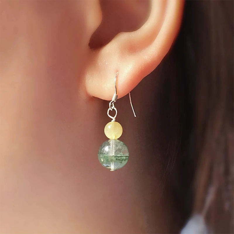 

925 Silver Natural Green Phantom Quartz/ Gold Rutilated Quartz Earrings for Women Fashion Jewelry Earring Accessories