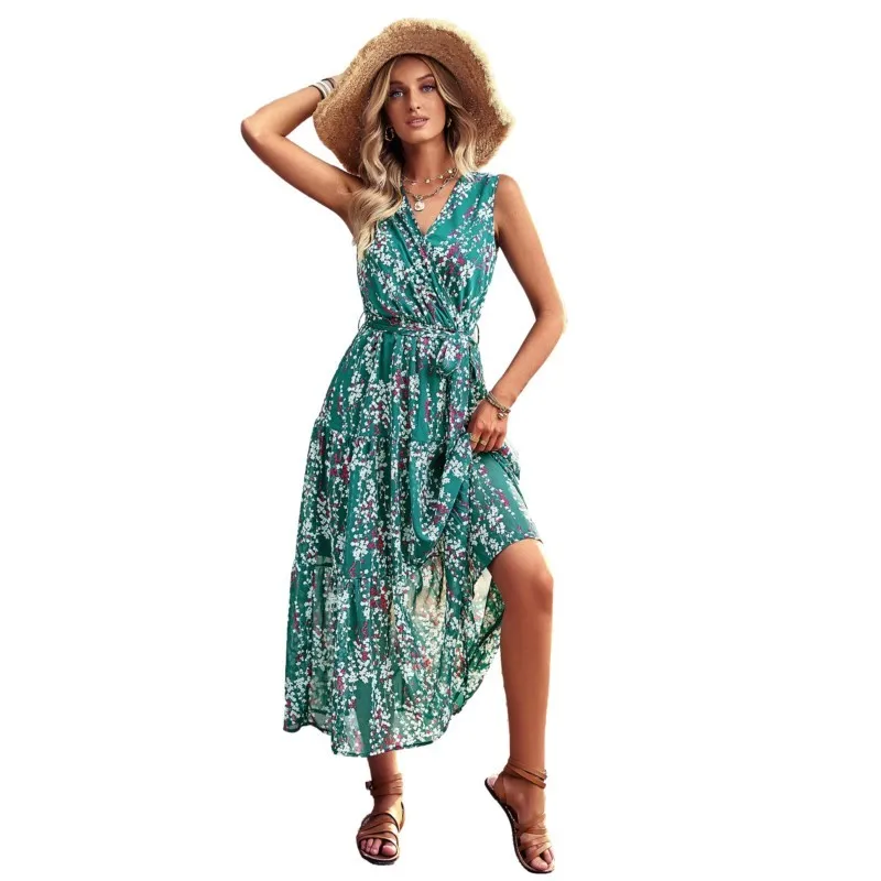 

2023 Summer Temperament Commuter Belt Waist Vest Dress Casual Vacation Fashion Print V Neck Long Dress Women's Beach Clothing XL