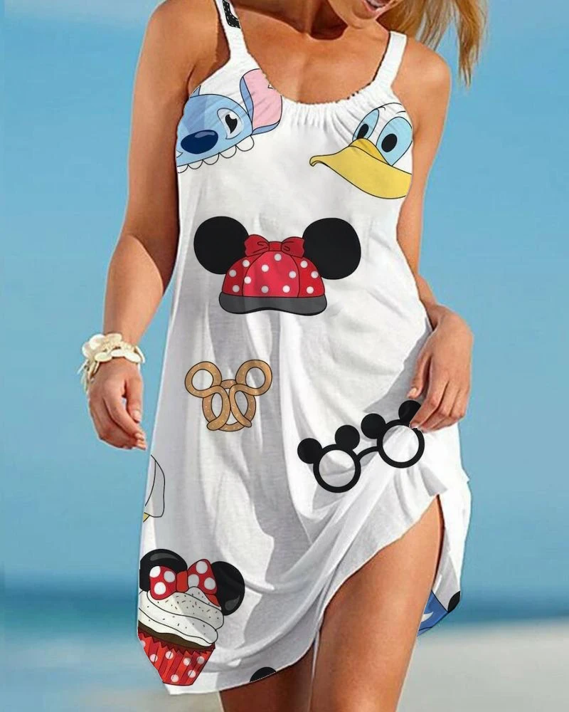 

2022 New Disney Minnie Print Dress Women Fashion Summer Sling Beach Dress A-Line Sleeveless Midi Dress Elegant Casual Nightdress