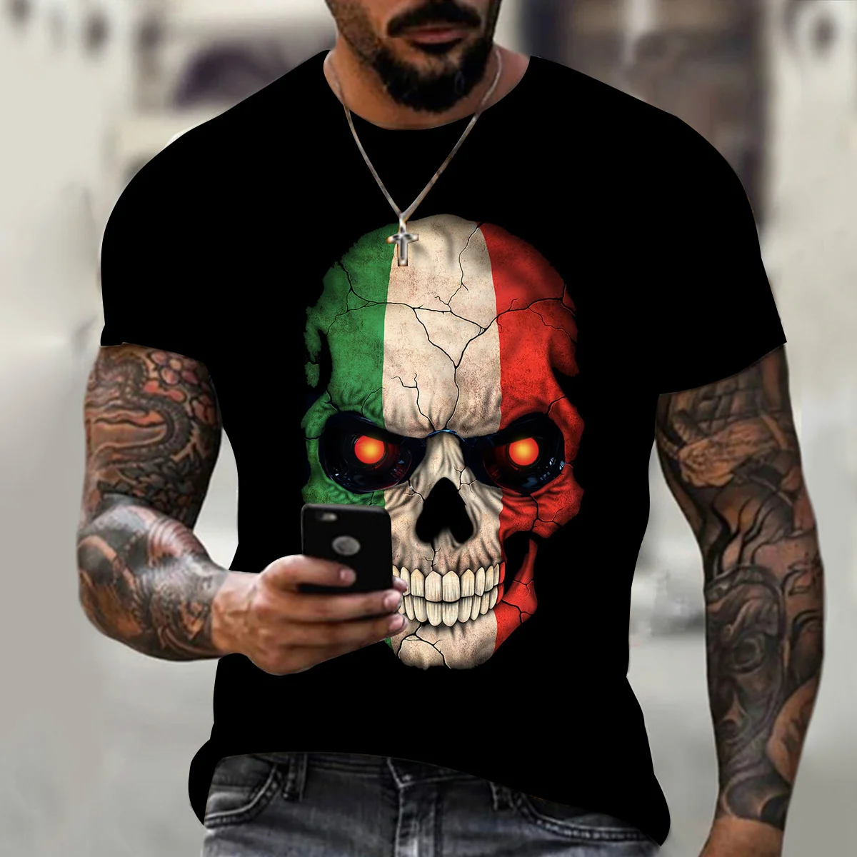 

2022 Summer New Street Cool Casual Loose Short Sleeve Shirt Men Horror Skull Print Top Fast Drying Breathable Elegant Workout