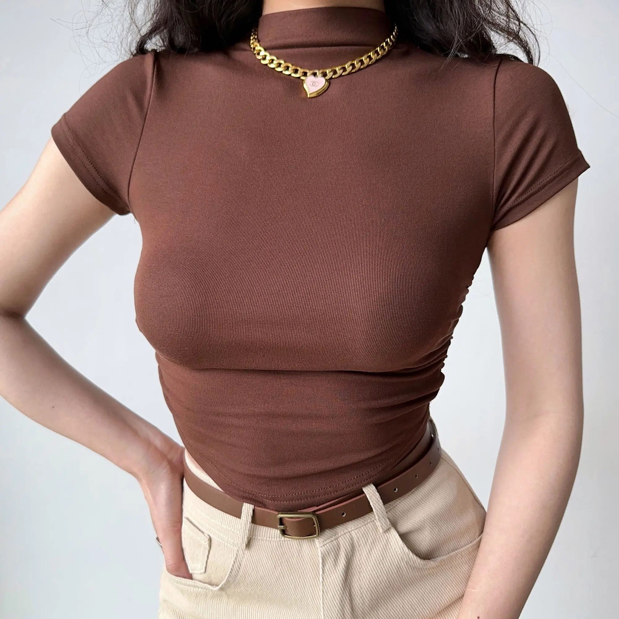 

WOMENGAGA 2023 Summer New Slim Fit Thread Cotton Bottom Short Sleeve T-shirt Slim Fit Show Thin Fold Short Top W1PW