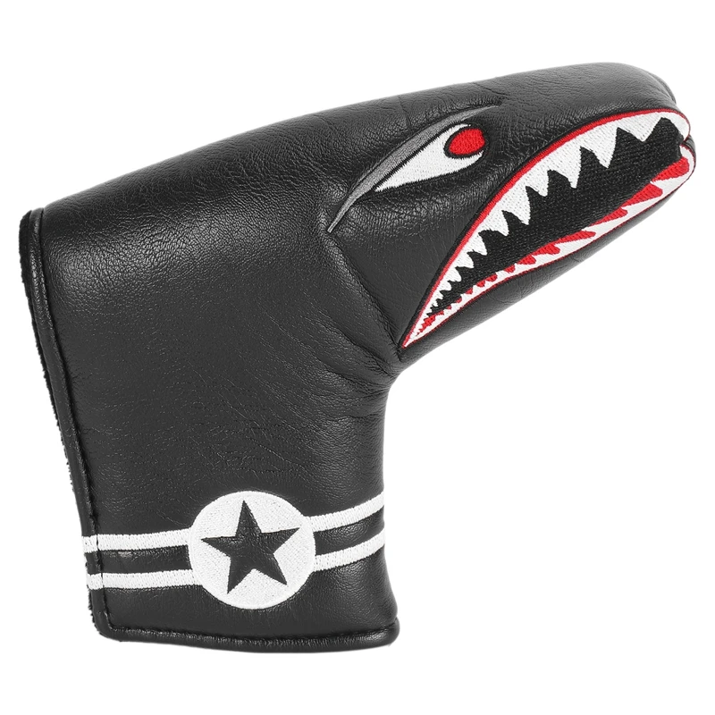 

Top!-1Pc Black PU Leather With Shark Embroidery Magnet Golf Blade Putter Head Cover Golf Club Putter Headcover