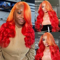 Transparent Lace Frontal Wigs Ombre Orange Red Wavy 13X4 Lace Front Wig 180% Density 2 Tones Colored Human Hair Wigs Body Wave