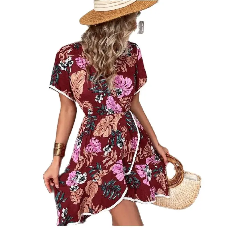 

New Women Printed Flowers Dress Sexy V-neck Loose Style Dress Patchwork Women Beach Dress Bohemia Style Dress 3 Colors