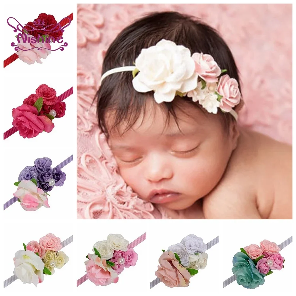 

Nishine 1PCS Baby Girls Rose Flower Headband Elastic Handmade Bow Floral Hair Accessories with Pearl for Newborn Infant Toddlers