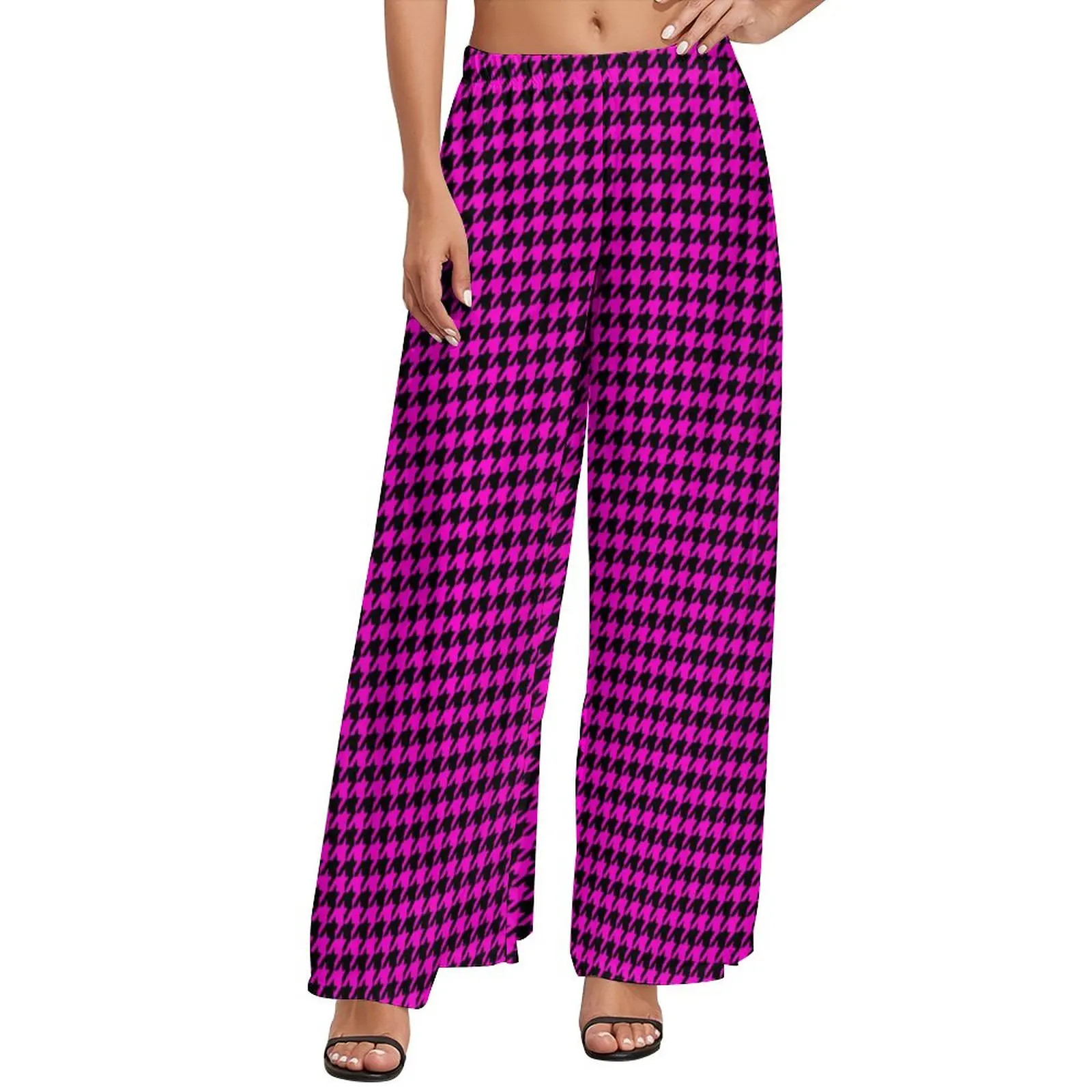 

Black Pink Houndstooth Straight Pants Retro Print Casual Wide Pants Women Oversized Aesthetic Design Trousers