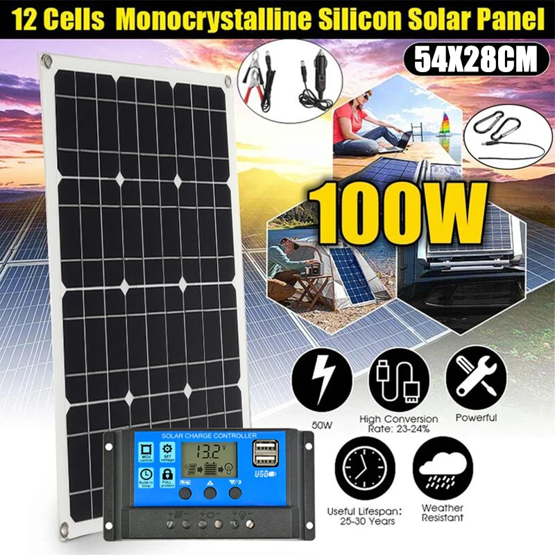 

100W Solar Charging Board Dual USB Output Solar Cells with 10A-60A Controller Solar Panel Kit Complete for Touring Outdoor Phone