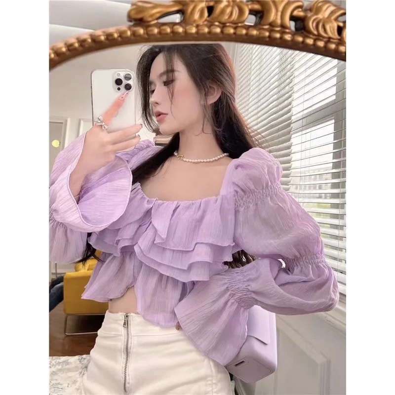 

ready stock Women Korean-style slim short bubble short-sleeved blouse
