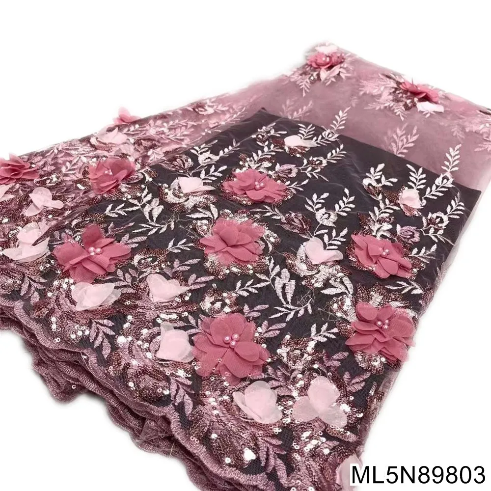 

2022 3d Flowers African Lace Fabric High Quality Embroidered French Net Lace Fabric 5 Yards for Nigerian Wedding ML5N898