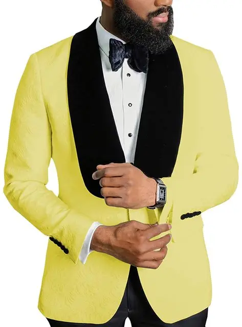 SZMANLIZI Yellow Jacquard Men Suits With Pants 2022 Shawl Lapel 2 Pieces Slim Fit Groom Suits For Wedding Best Man Party Tuxedos