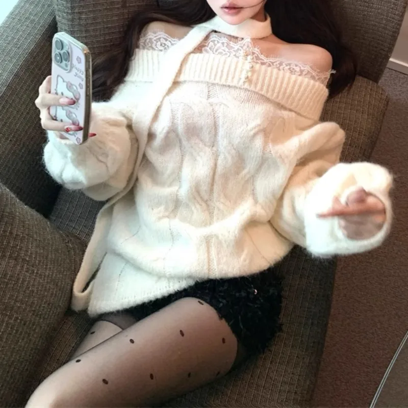 Кружевной свободный кашемировый свитер с открытыми плечами и длинными рукавами