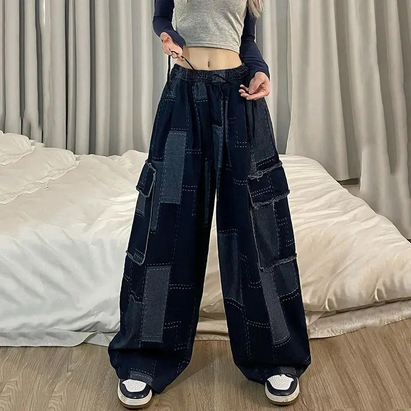 Woman Jeans Japanese Chic Wide Leg Pants Vintage Patchwork Plaid Pocket Trousers Streetwear Y2k Clothes Pantalon 2022 New