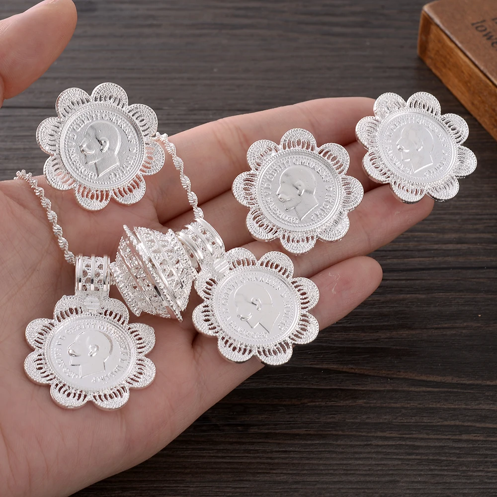 

Silver Plated Fashion Ethiopian Coin Money Earring/Pendant/Ring Jewelry Sets Silver Plate Africa Bride Wedding Eritrea Set Gifts