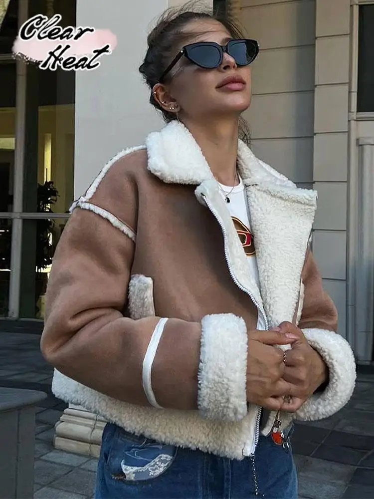 

Women Warm Fur Integrated Coat Long Sleeve Fleece Stitching Short Jacket Chic Fashion Autumn Winter New Lapel Zipper Outerwear