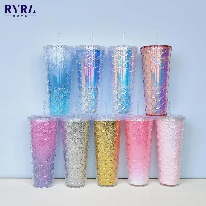 

700ml New Fashionable Fish Scale Cup Double Layer Heat Insulation Plastic Straw Cup Drinking Net Red Type Drink Dropshipping Hot