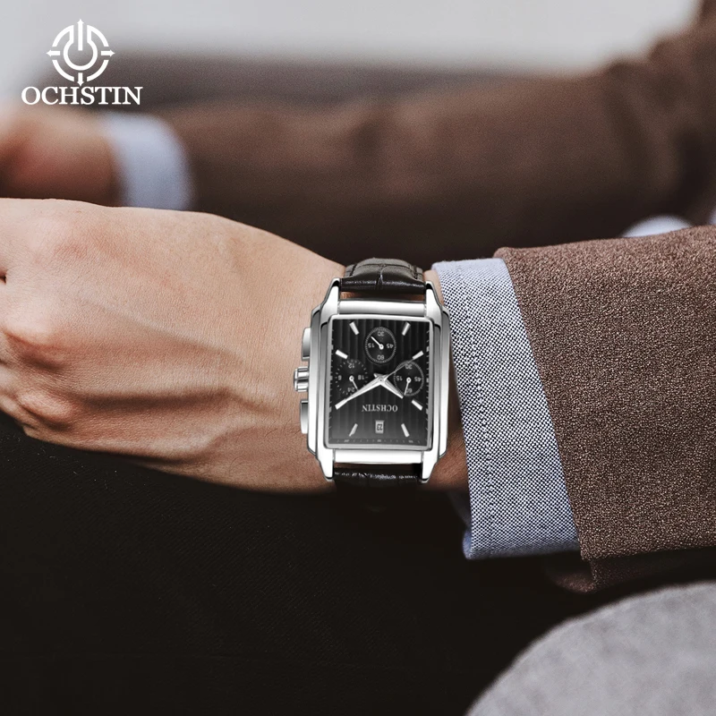 OCHSTIN Элегантные удобные мужские часы с кожаным ремешком, корпус из сплава 38*40 мм, многофункциональный кварцевый механизм, наручные мужские деловые часы (art.: 3920da79e81ee) - 3920da79e81ee