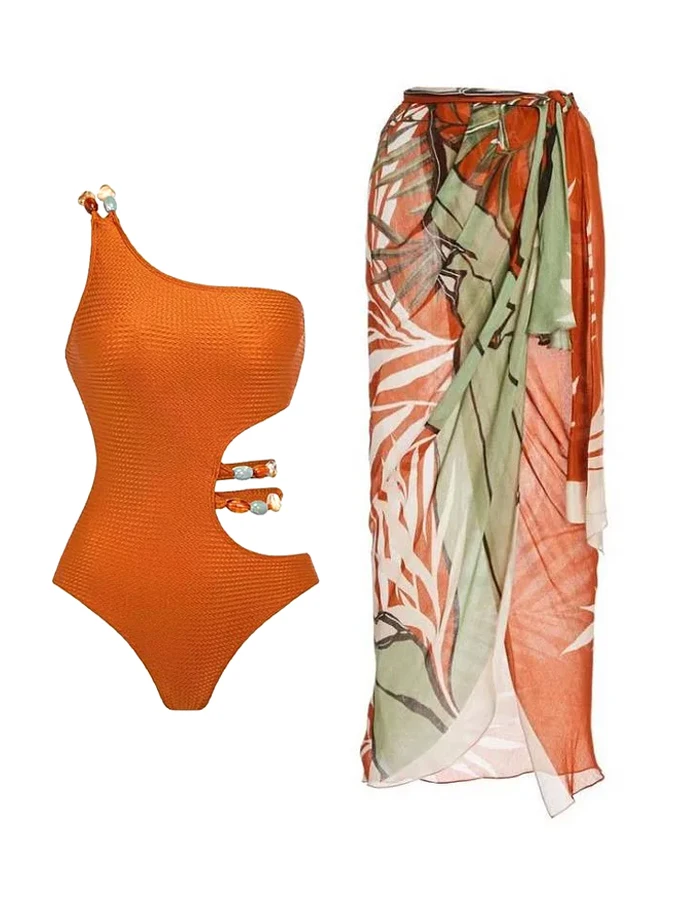 

Stylish Retro Orange One-shoulder Waist Design Hollowed-out Features One-piece Swimwear Summer Seaside Bikini Swimsuit 2023 Girl
