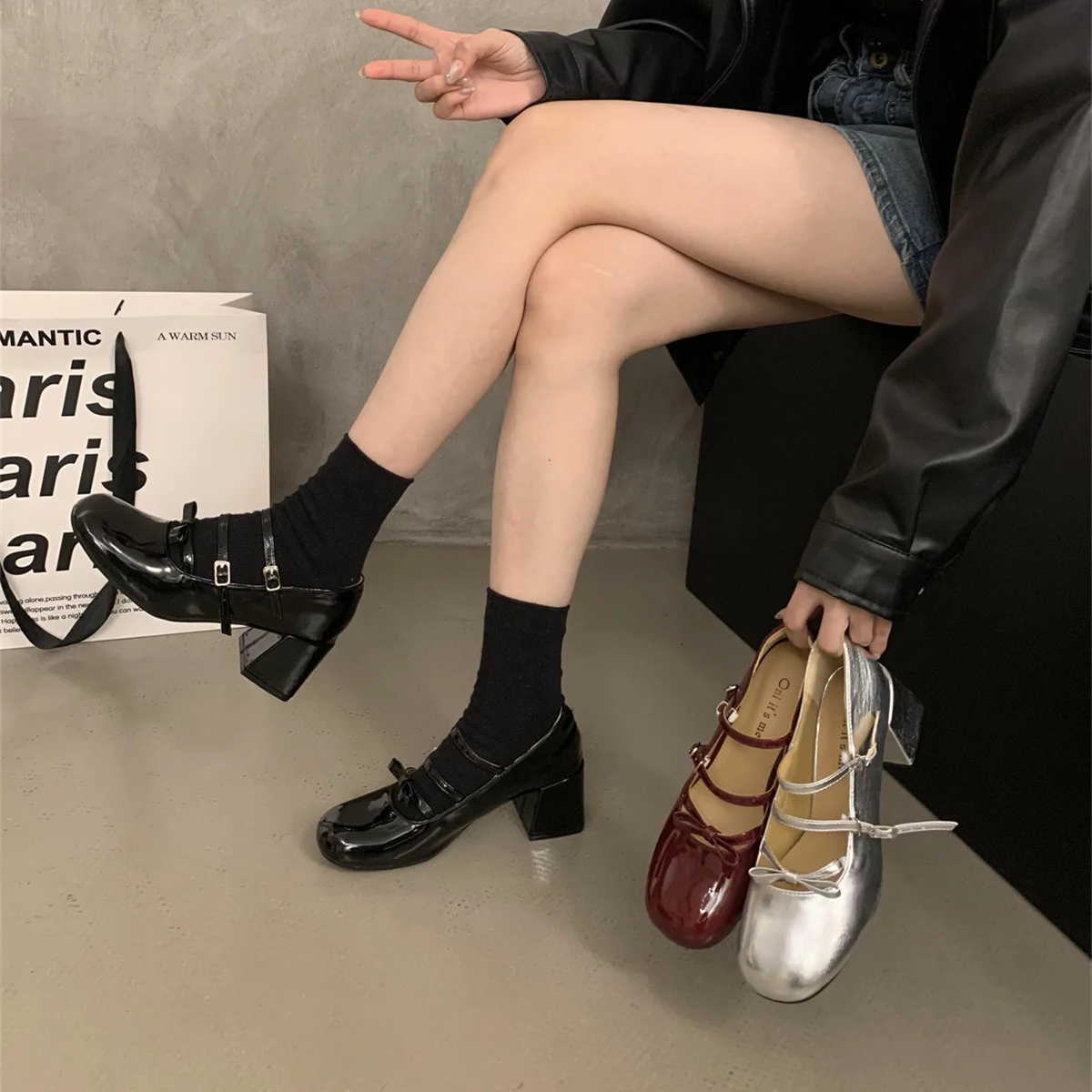 Женская обувь серебро 2024 сандалии Мэри Джейн на массивном каблуке черная