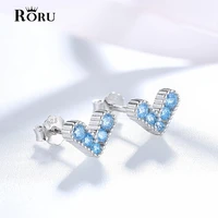 real silver stud earrings simple zircon heart earring blue crystal stone for female women girls cute style fashion jewelry 2021