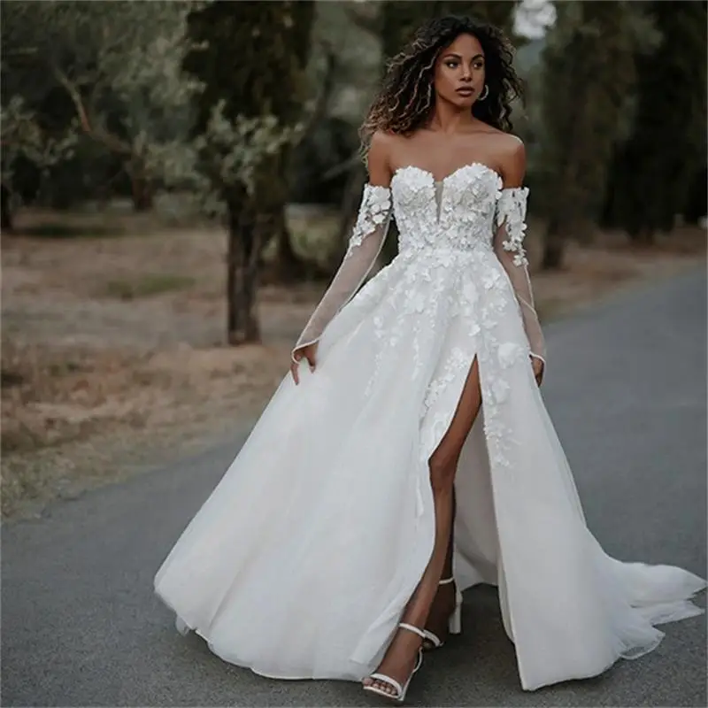 

Boho Wedding Dresses For Bride Sweetheart Lace Floral Appliques Bridal Gown with Detachable Sleeves Tulle Vestidos De Novia